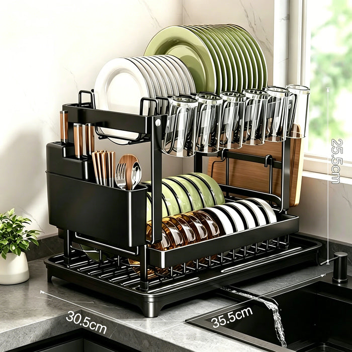 2-Tier Countertop Dish Drying Rack with Drainboard — Carbon Steel (42 x 30 x 29cm)