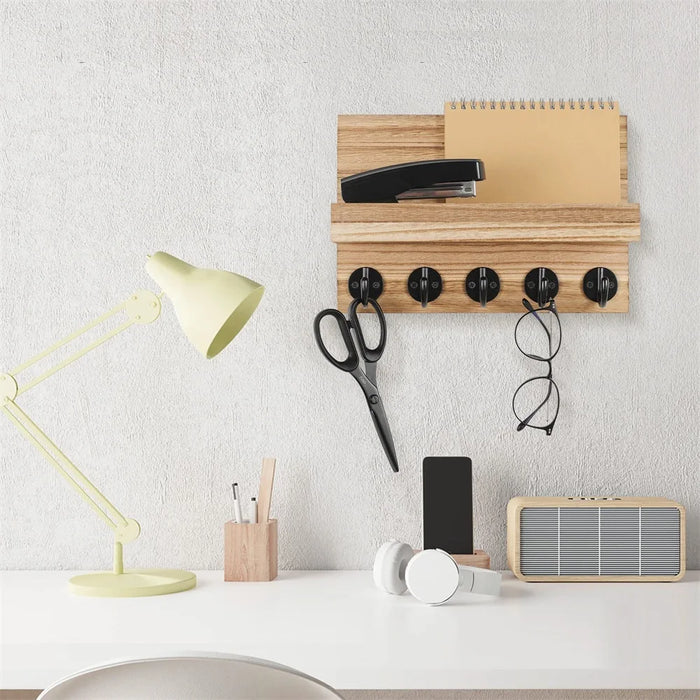 Wall-mounted Wooden Key and Mail Shelf with 5 Hooks