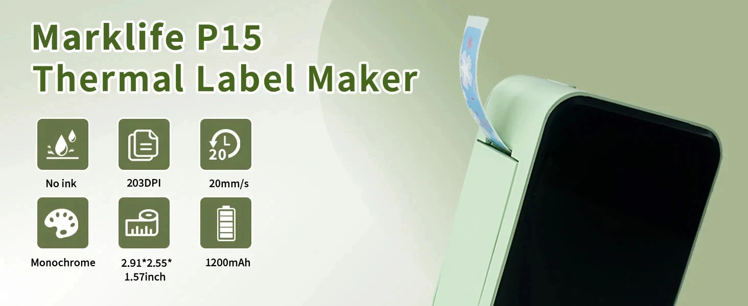 Marklife P15 Portable 15mm Thermal Label Printer — Inkless, Bluetooth, Rechargeable