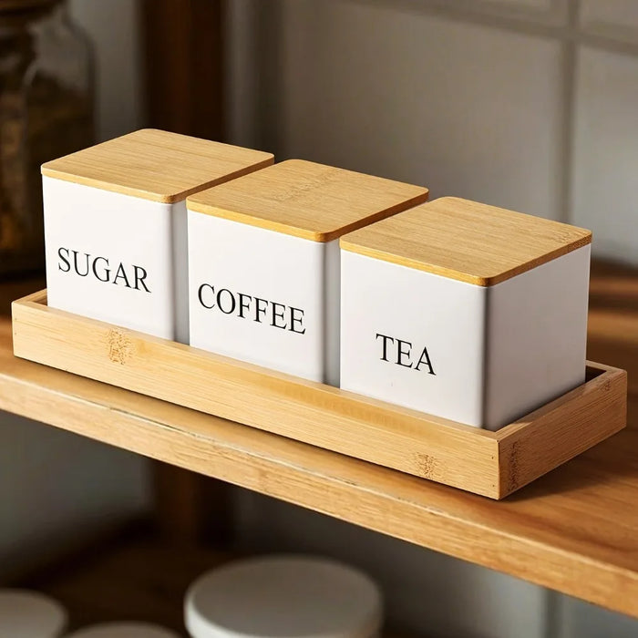 Set of 3 Metal Canisters with Bamboo Lids — 500ml (Coffee, Tea, Sugar)