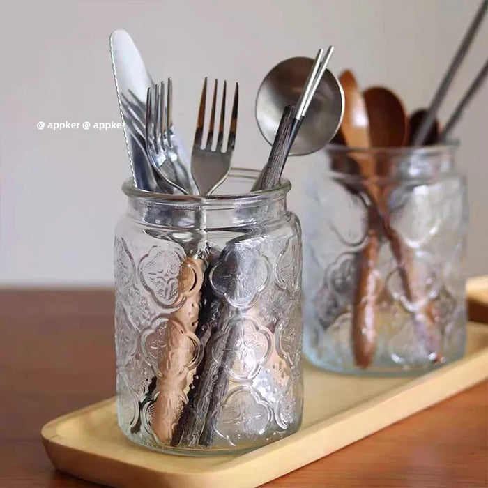 Vintage Glass Canister with Wooden Lid — Airtight Embossed Jar (M)