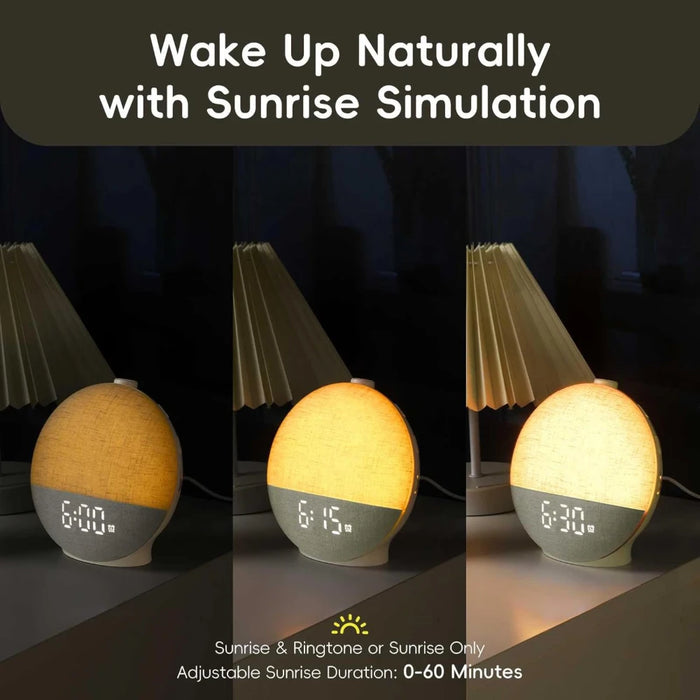 Wake-up Light Sunrise Alarm Clock — White Noise, Bluetooth Speaker & Colour-Changing Night Light (White)