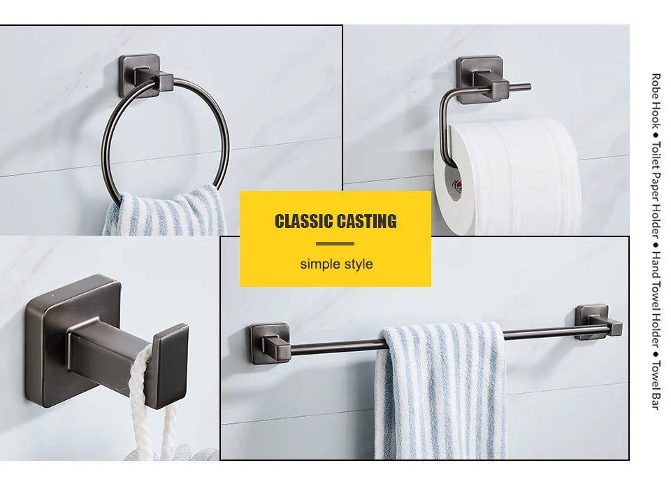 Grey Bathroom Hardware Set — Shelf, 48cm Towel Bar, Towel Ring, Robe Hook & Paper Holder
