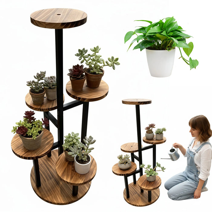 6-Tier Corner Plant Stand – Wood & Metal Display Shelf (Black)