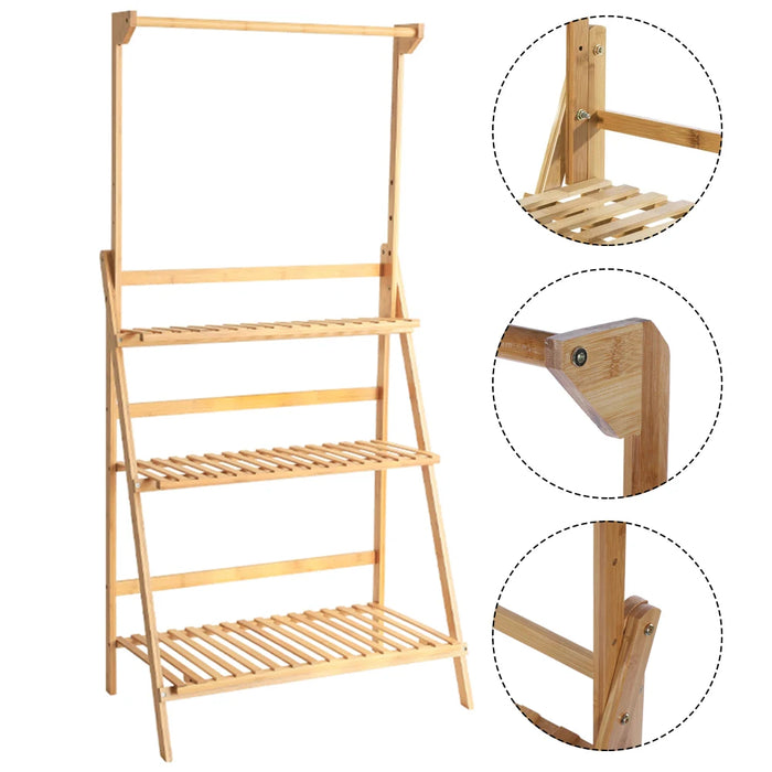 3-Tier Foldable Wooden Ladder Plant Stand with Adjustable Hanging Bar for Home & Outdoor