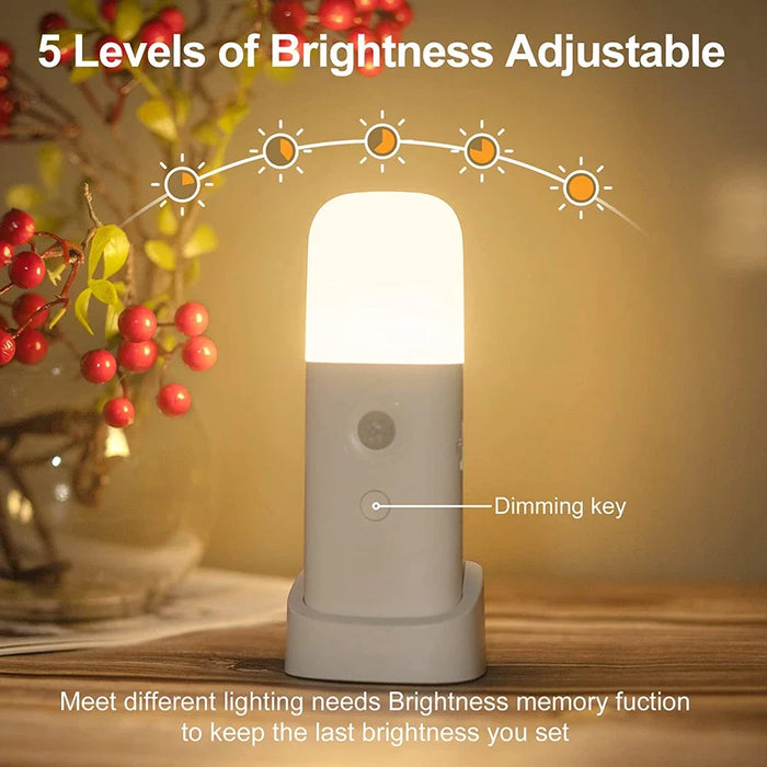 LED Motion Sensor Night Light USB Rechargeable - Dimmable, Portable, Activated Night Lamp for Kids Room, Bedroom, Hallway - Ideal Lighting Solution for Children's Safety and Comfort