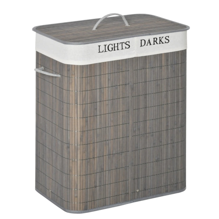 100L Collapsible Laundry Hamper with Lid & String Handles — 2-Section, Removable Lining, Grey