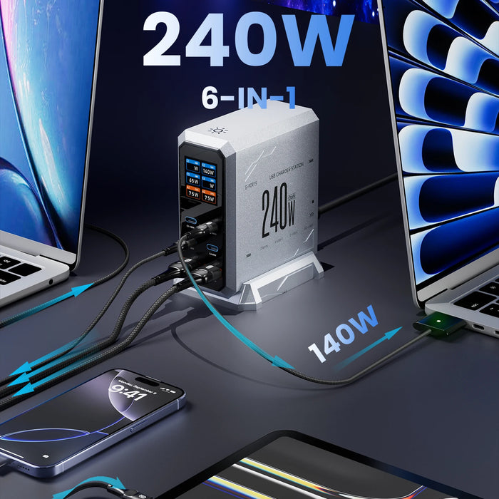 240W GaN Desktop Charger — 6‑Port (4×USB‑C, 2×USB‑A), 140W PD3.1 & PPS