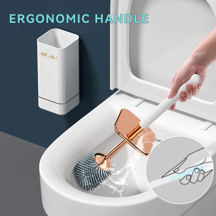 Aokala Silicone Toilet Brush & Holder — 40cm Long Handle, Wall or Floor Mount, Black or White with Rose Gold Trim