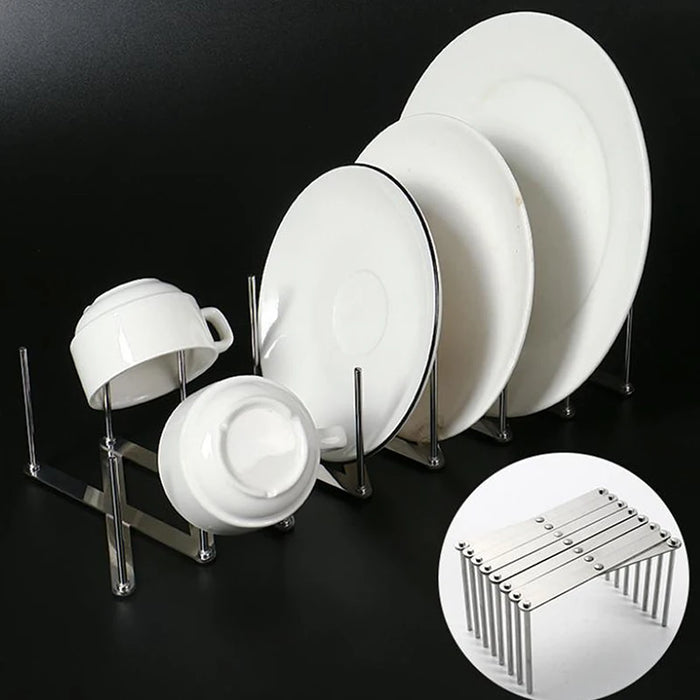 Retractable Foldable Stainless Steel Plate & Pot Lid Rack — Adjustable Dish and Tableware Organiser