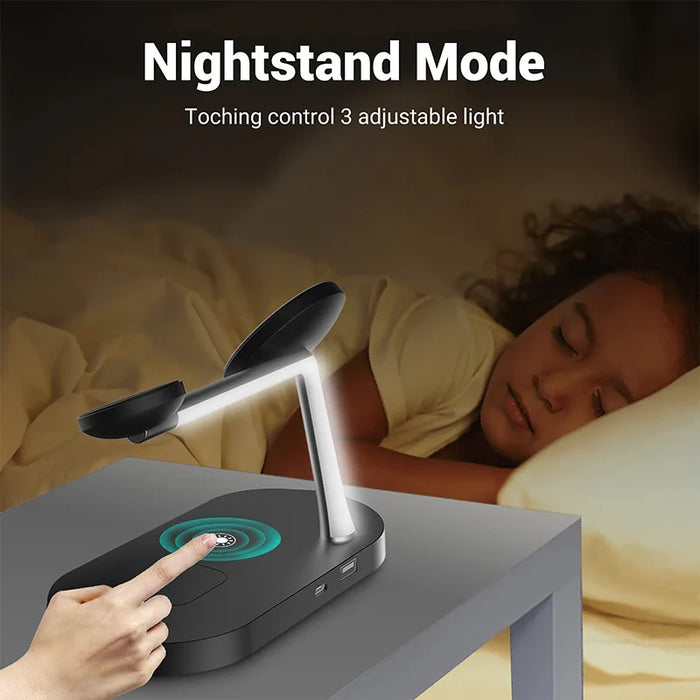 3-in-1 Magnetic Wireless Charger Stand for iPhone 12–17, Apple Watch Series 4–10 & AirPods (Qi)