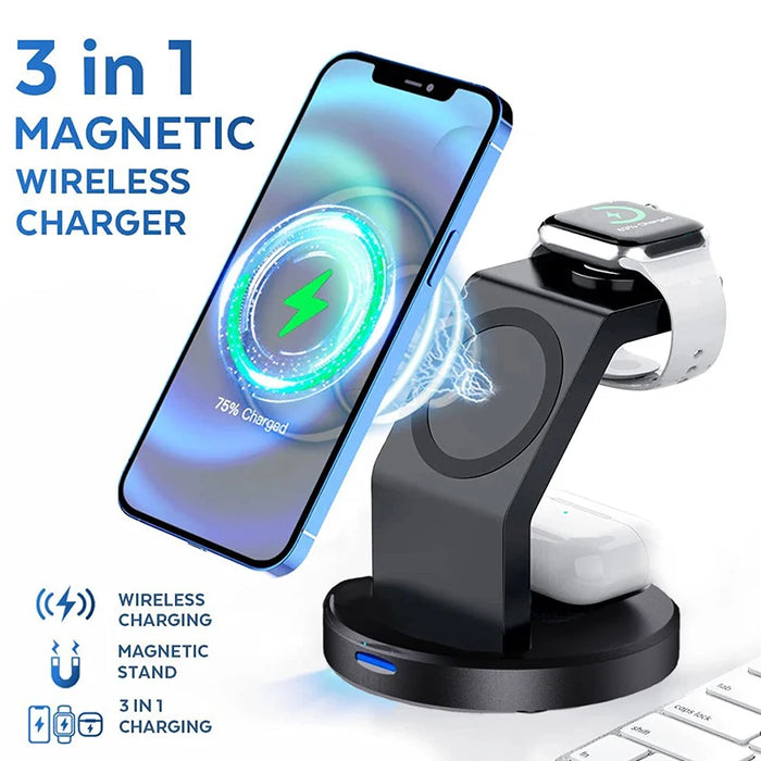 3‑in‑1 Magnetic Wireless Charging Stand for iPhone, Apple Watch & AirPods (USB‑C)