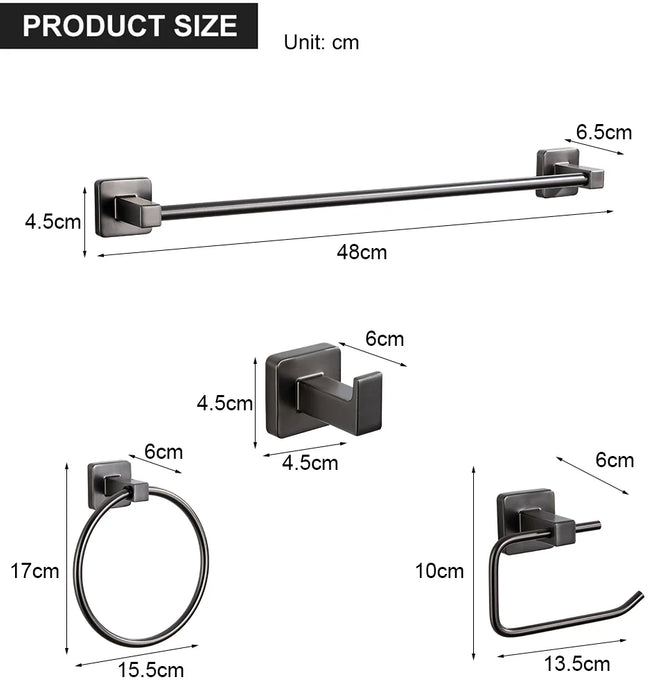 Grey Bathroom Hardware Set — Shelf, 48cm Towel Bar, Towel Ring, Robe Hook & Paper Holder