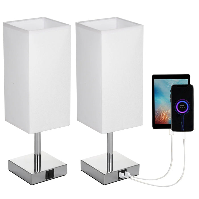 Bedside Table Lamp with Fabric Shade - Warm White LED Bulb, Touch Control, Desk Light, USB A and Type-C Charging Ports - Ideal for Nightstands, Work Desks and Study Areas