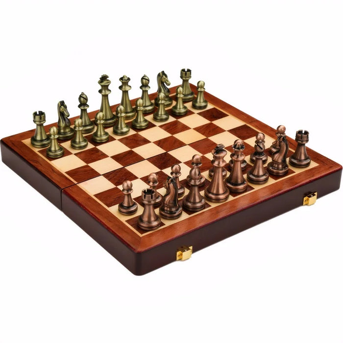 High-end 30cm Antique Bronze Chess Set — Foldable Solid Wood Box & Weighted Alloy Pieces