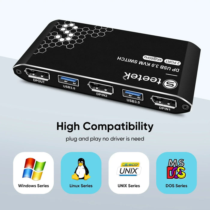 DP KVM Switch 2-Port — 4K@60Hz, HDCP 2.2, USB 3.0, USB Cables Included