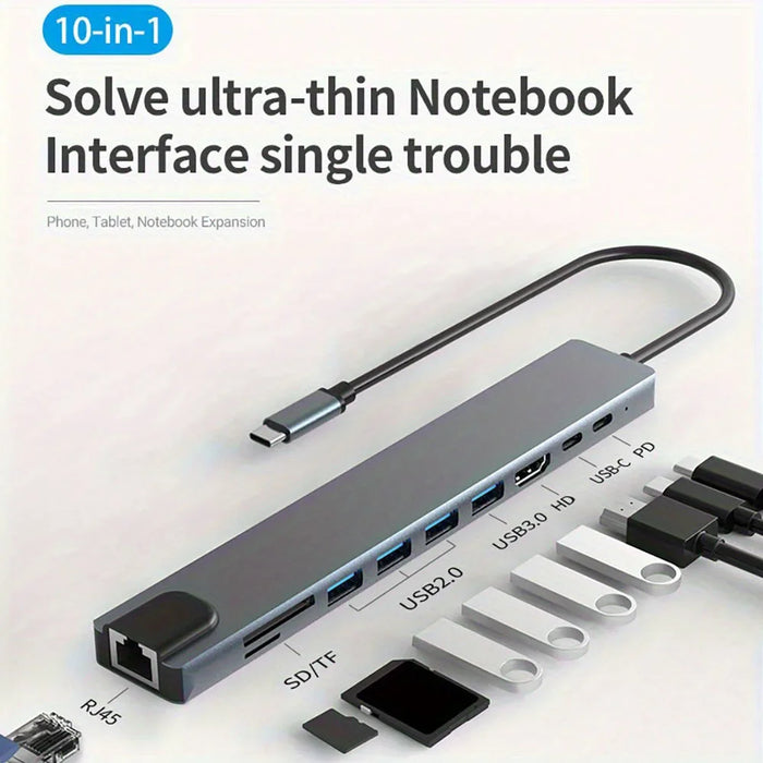 10-in-1 USB-C Hub – 4K@30Hz HDMI-Compatible Docking Station with PD 100W, RJ45 & USB 3.0