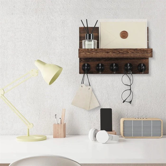 Wall-mounted Wooden Key and Mail Shelf with 5 Hooks