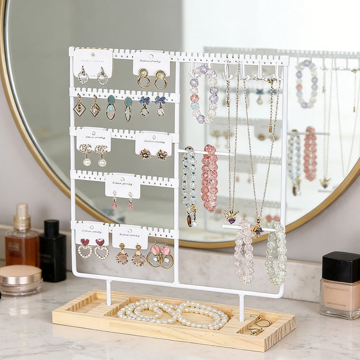Metal Jewellery Organiser Stand with Wooden Tray — Multi‑Functional Storage