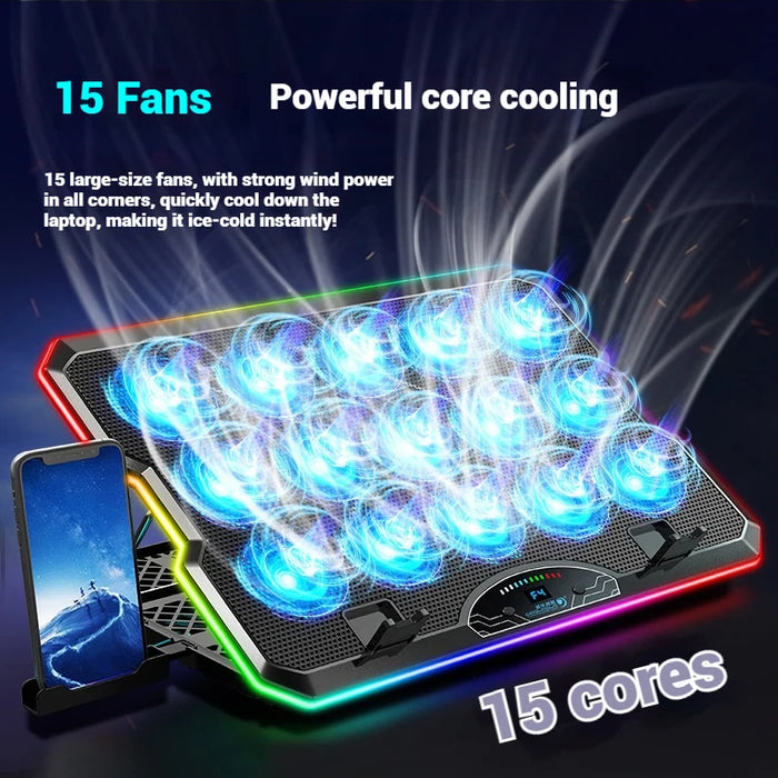 Laptop Cooler F15 with RGB, 15 Fans & USB‑C — Fits 12–17.3-inch