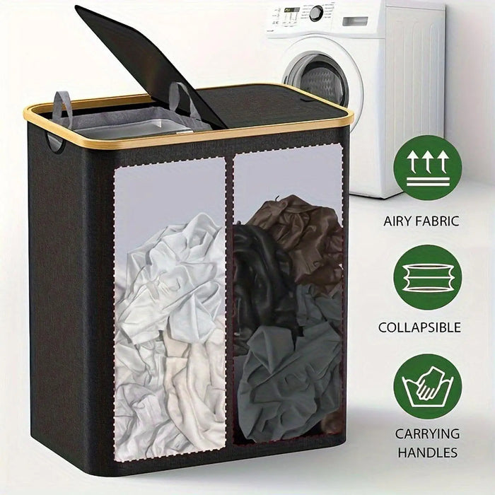 Foldable 2-Section Laundry Hamper with Lid — Bamboo Handles & Removable Bag