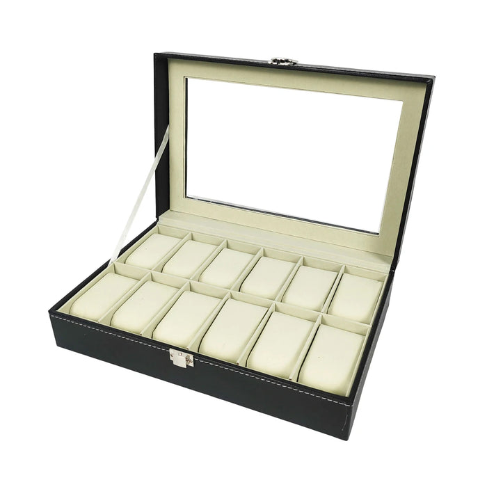 12-Slot Watch Box — Grey PU Leather with Clear Window & Velvet Lining
