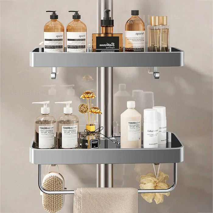Punch-Free Shower Caddy (Single or Double) — Space Aluminium Shelf with Optional Towel Rail