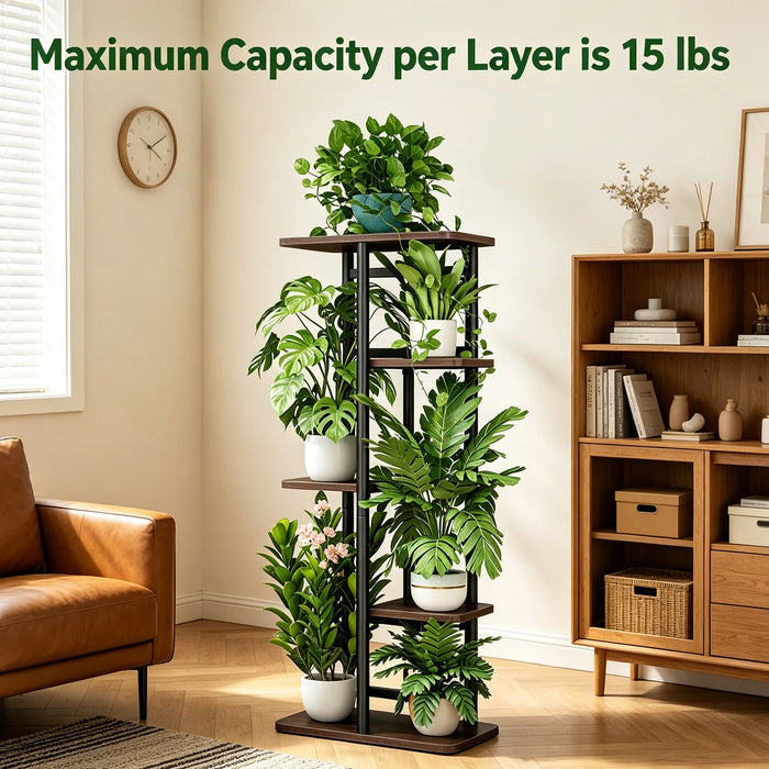 Tall 5-Tier Corner Plant Stand – Metal Frame with Reinforced Wooden Shelves