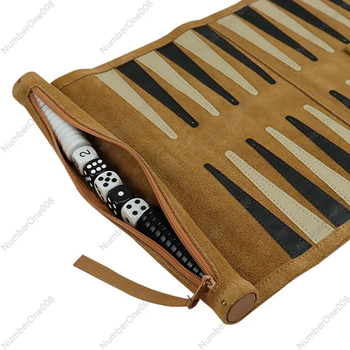 Portable Roll-Up Chess & Backgammon Set with Suede Case and Black & White Pieces