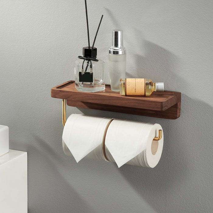Wall-Mounted Toilet Roll Holder with Wood Shelf and Brass Fittings – Single Roll