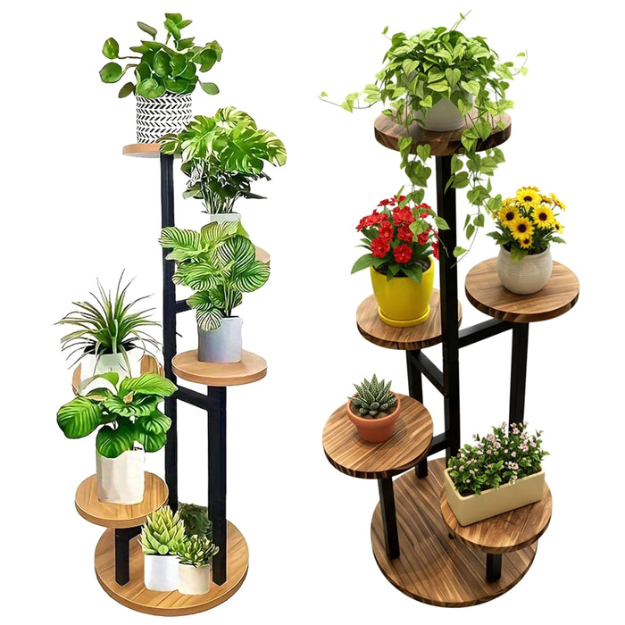 6-Tier Corner Plant Stand – Wood & Metal Display Shelf (Black)