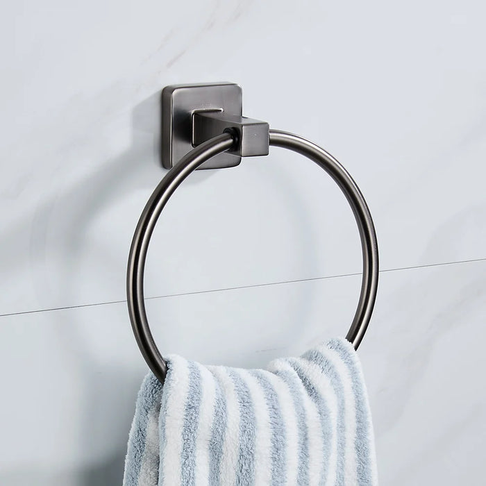 Grey Bathroom Hardware Set — Shelf, 48cm Towel Bar, Towel Ring, Robe Hook & Paper Holder