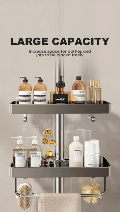 Punch-Free Shower Caddy (Single or Double) — Space Aluminium Shelf with Optional Towel Rail