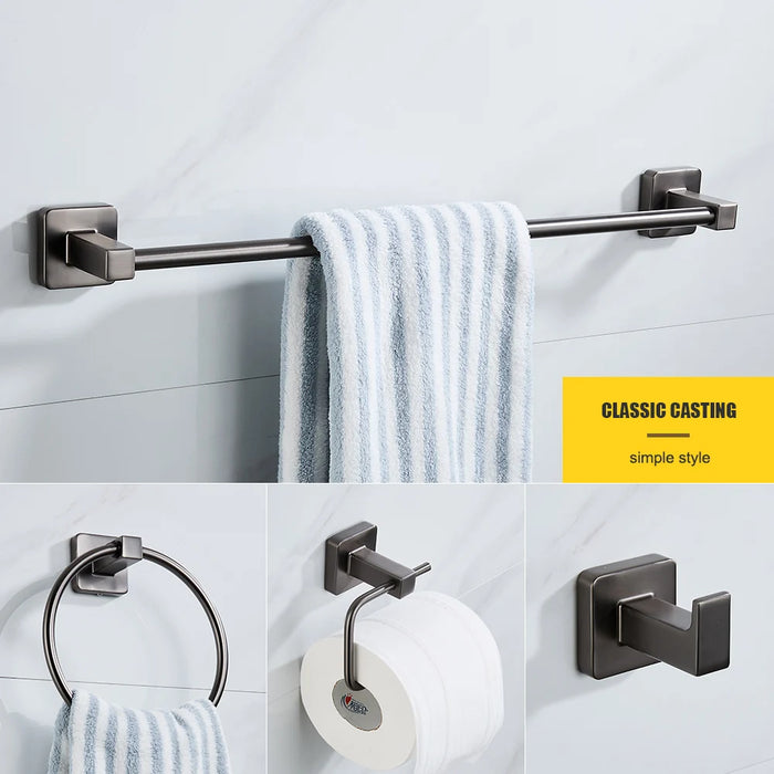 Grey Bathroom Hardware Set — Shelf, 48cm Towel Bar, Towel Ring, Robe Hook & Paper Holder