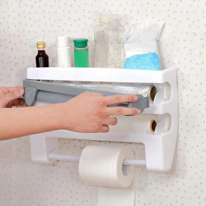 Wall-Mounted Wrap Dispenser with Cutter — Grey ABS, 39 x 24 x 10 cm