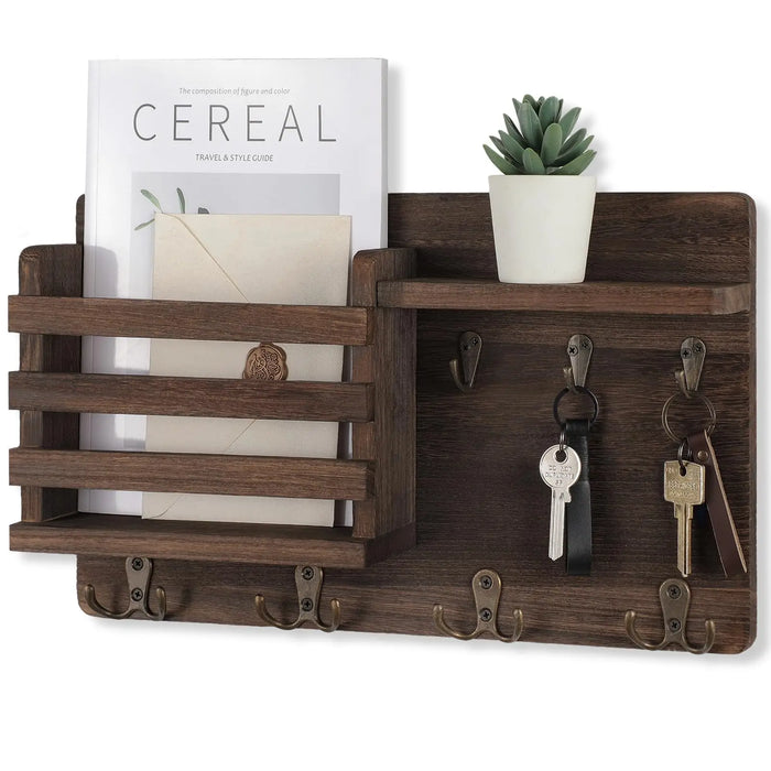 Rustic Wood Wall Mail Organiser with Key Hooks and Floating Shelf