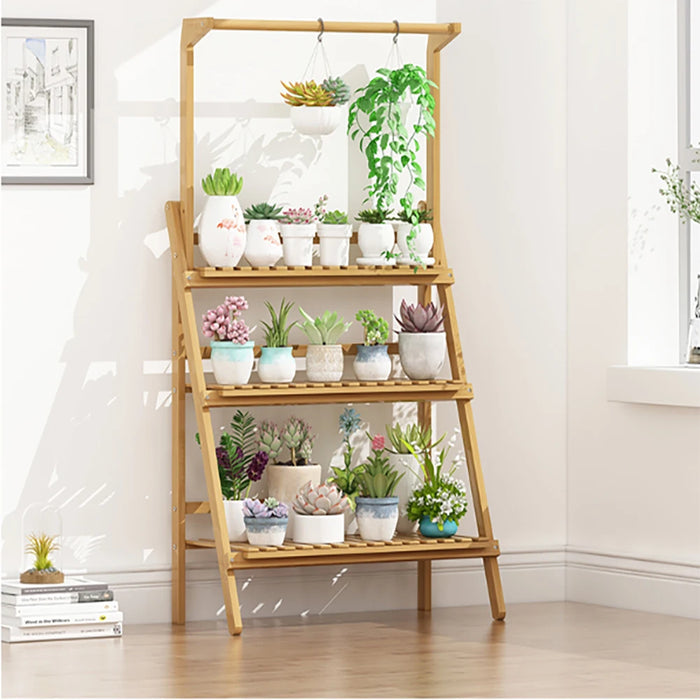 3-Tier Foldable Wooden Ladder Plant Stand with Adjustable Hanging Bar for Home & Outdoor