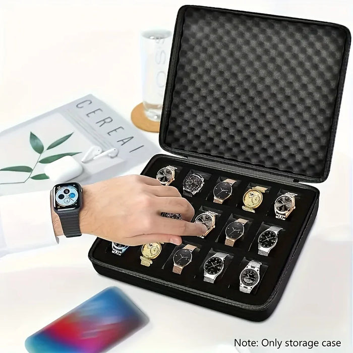 15-Slot Watch & Jewellery Storage Box — Velvet, Portable, Black