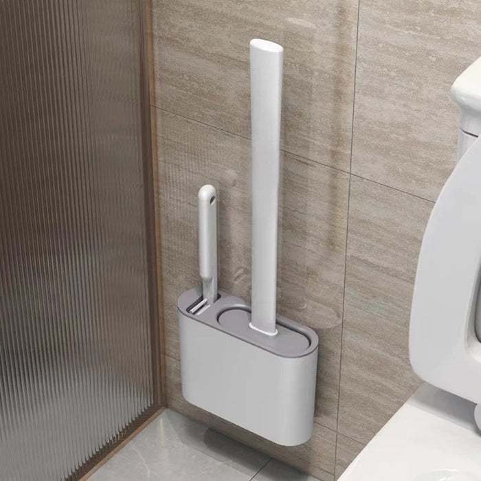 Wall-hanging Toilet Brush & Holder — Long Handle, Silicone Bristles (Grey or Blue)