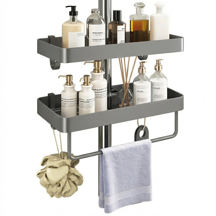 Punch-Free Shower Caddy (Single or Double) — Space Aluminium Shelf with Optional Towel Rail