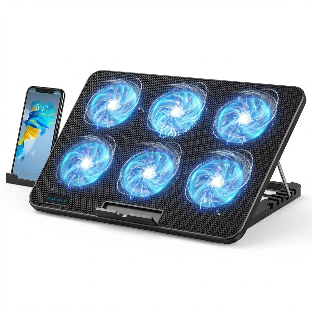 15.6–17.3 inch Laptop Cooling Pad — 6 Quiet Fans, 7-Position Adjustable Stand & Phone Holder