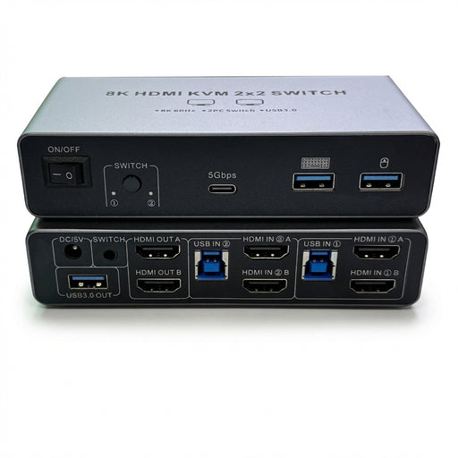 Dual‑Monitor HDMI 2.1 KVM Switch 2x2 — HDMI 2.1 or HDMI + DisplayPort 1.4 — 8K@60Hz / 4K@120Hz