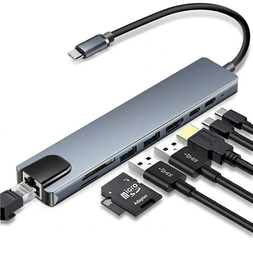 USB‑C 8‑in‑1 Hub — HDMI 4K@30Hz, 100W PD, RJ45 100Mbps, Dual SD/TF, USB 3.0