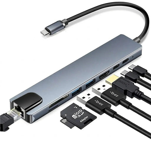 USB-C 8-in-1 Hub — HDMI 4K 30Hz, 100W PD, RJ45 100Mbps, SD/TF & USB 3.0
