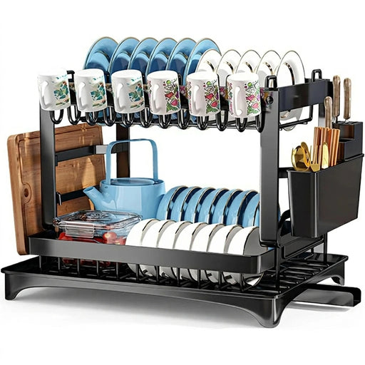 Adjustable 2-Tier Dish Drainer Rack — Plate, Bowl & Cutlery Organiser