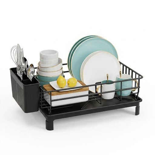 Rustproof 1-Tier Dish Drying Rack with Utensil Holder & Drain Board — Countertop Organiser (Black)