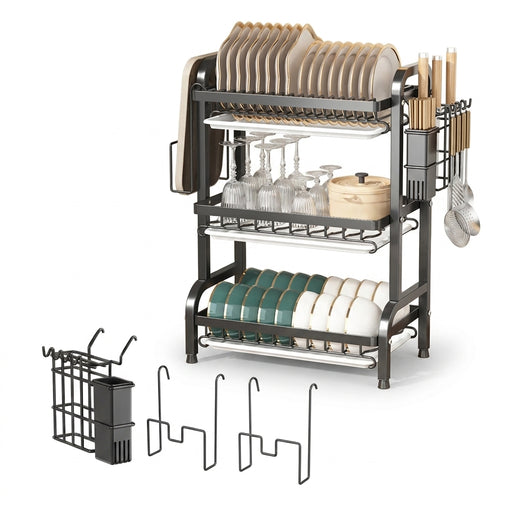 2/3-Tier Stainless Steel Dish Rack with Utensil Holder — Compact Rustproof Countertop Drainer