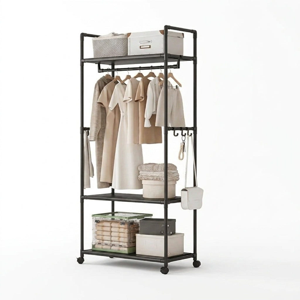 Clothing Storage Rack with Wheels, Hooks & Shelves — Freestanding Metal Organiser