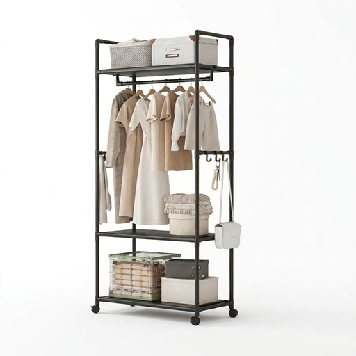 Clothing Storage Rack with Wheels, Hooks & Shelves — Freestanding Metal Organiser