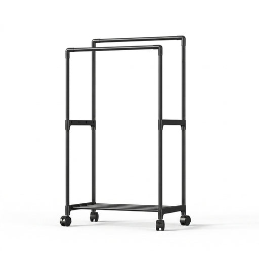 Double‑Rod Mobile Clothes Rack with Wheels — Black Metal